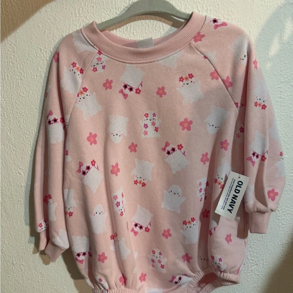 Old Navy Pink Baby Onesie with Ghost and Flower Design